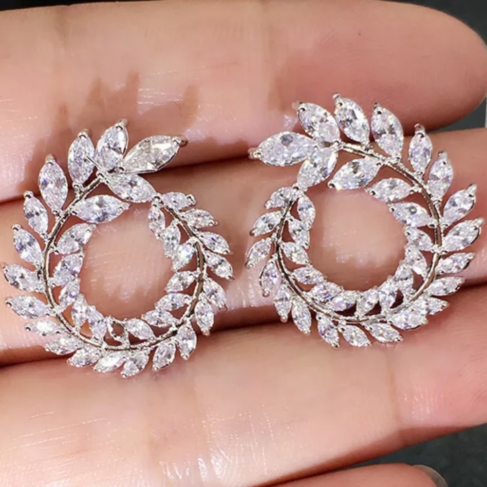 White Sapphire Silver Leaf Hoop Earrings
